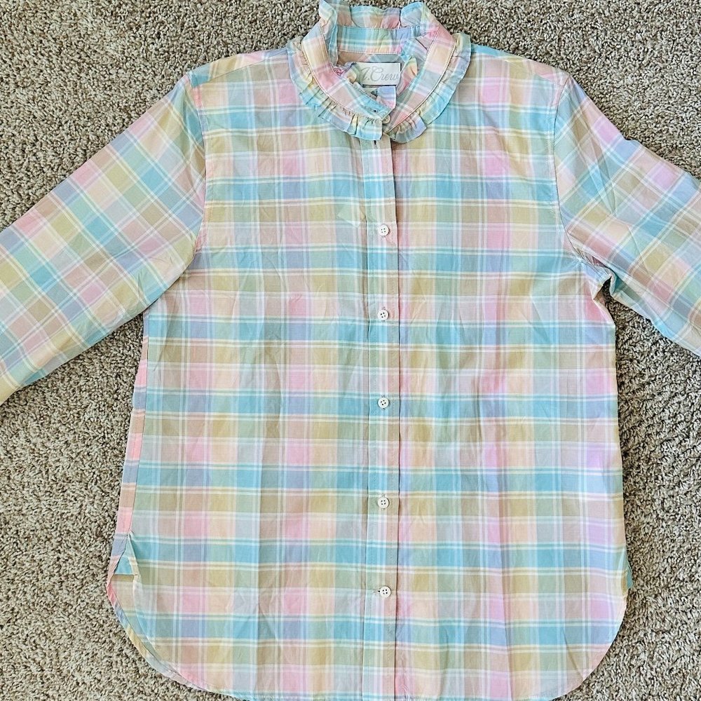 🌈 New 🌈 J Crew Classic-Fit Cotton-Silk Voile Ruffleneck Shirt in Pastel Plaid - Picture 6 of 13